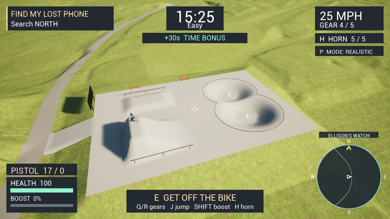 Ellison catching air while testing bike physics in the Old Fourth Ward skate park