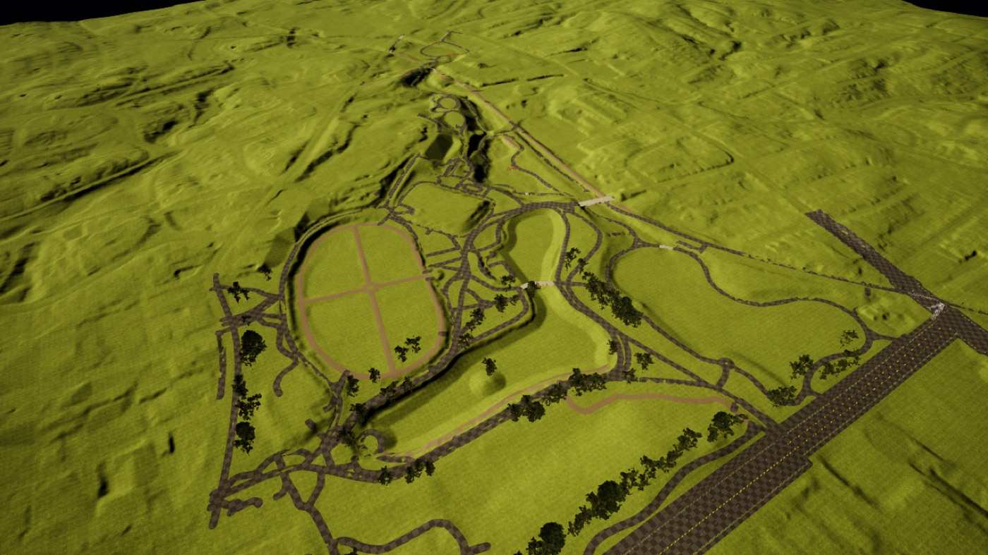 Early Unreal Engine aerial view showing the reconstructed Piedmont Park path network over elevation terrain