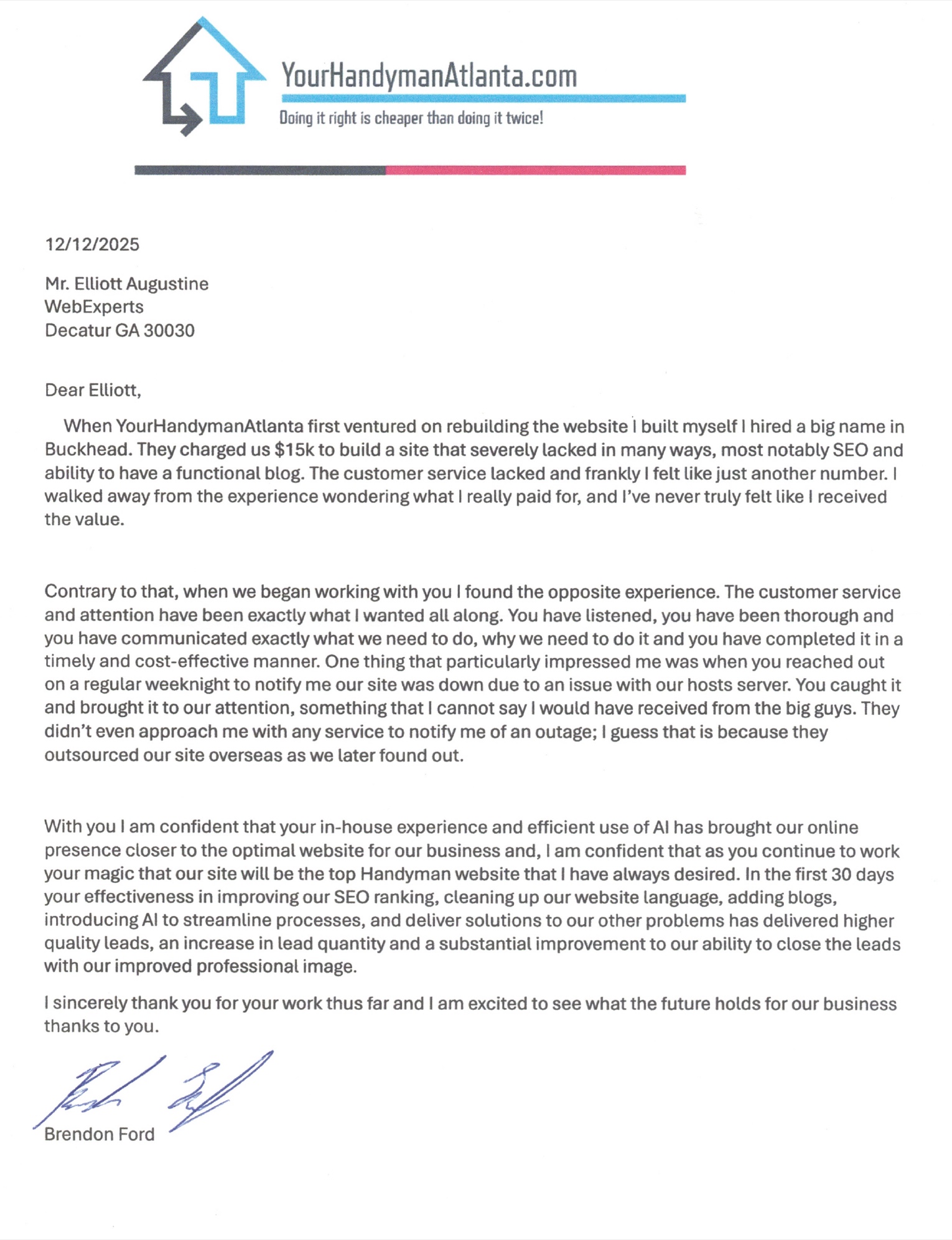 Your Handyman Atlanta original client letter scan