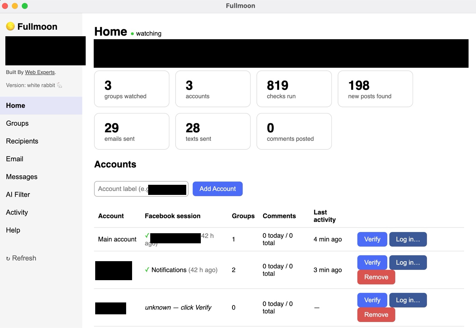 Fullmoon AI social media monitoring dashboard showing groups watched, posts found, emails sent, and texts sent