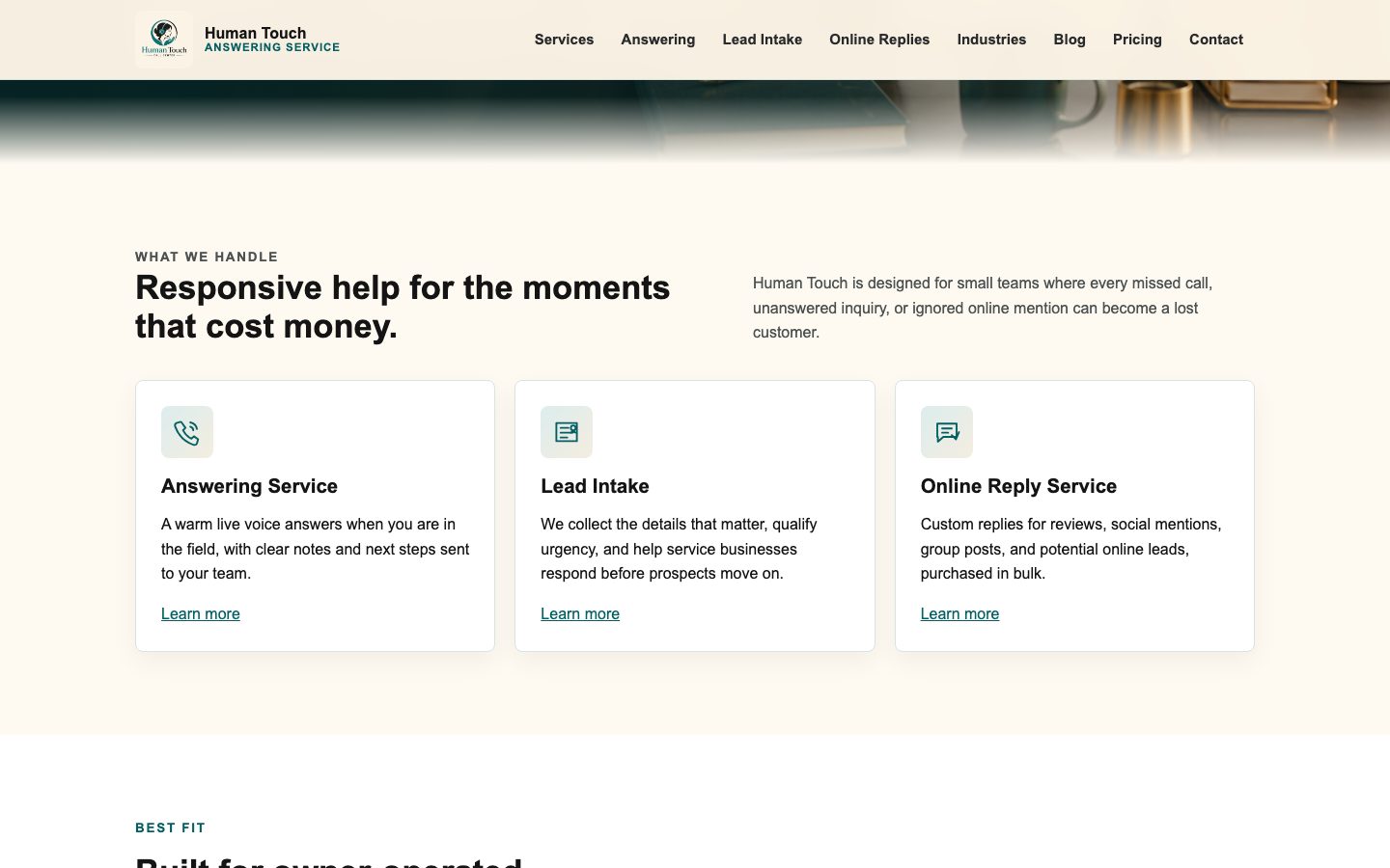 Human Touch services section: answering, lead intake, and online replies
