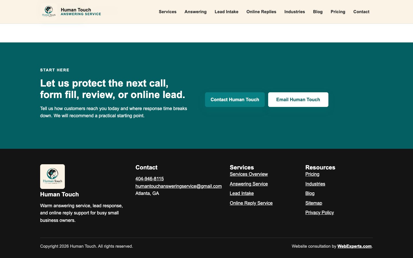 Human Touch call to action and footer