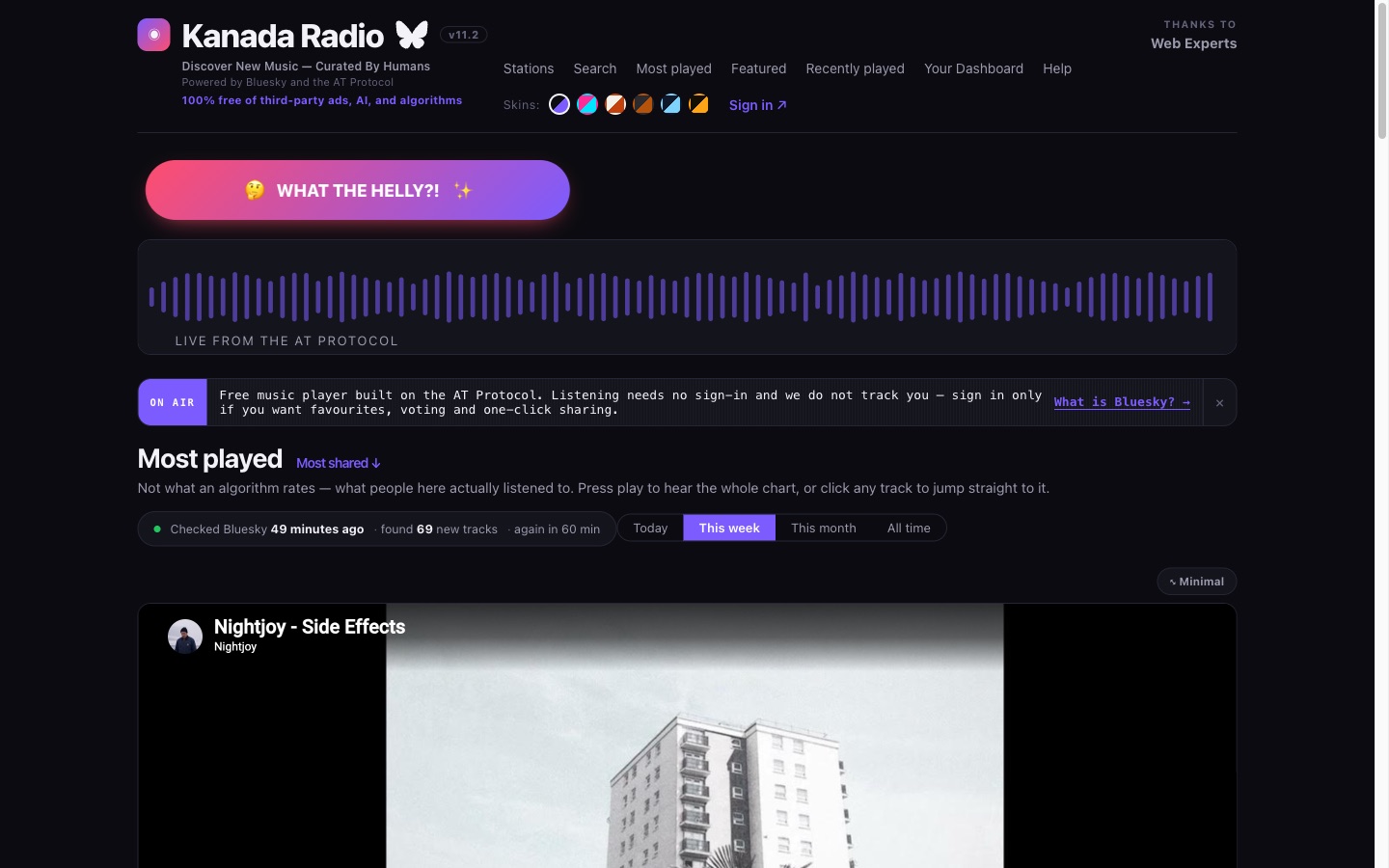 Kanada Radio Most Played chart generated from live listening activity