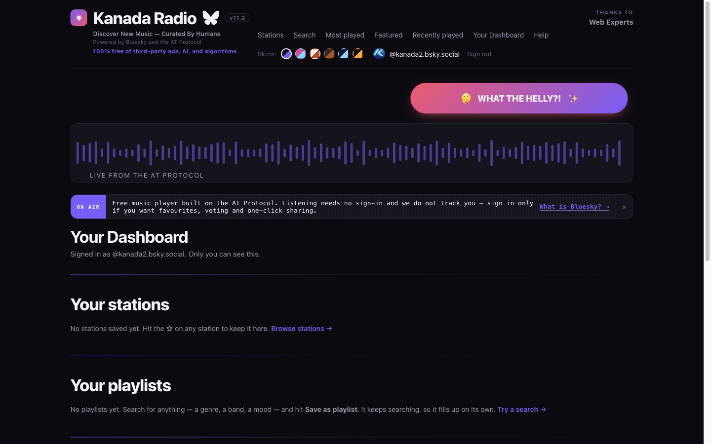 Kanada Radio listener dashboard with saved stations and playlists