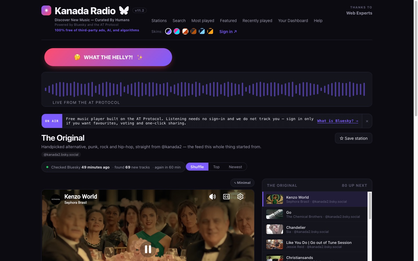 Kanada Radio homepage with its live music player