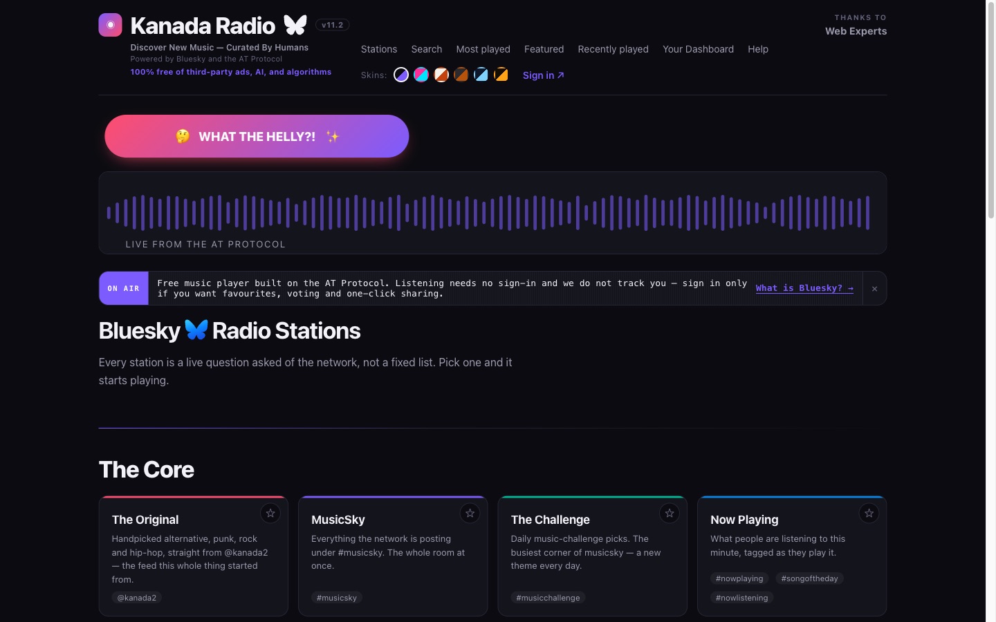 Kanada Radio live station directory powered by Bluesky posts