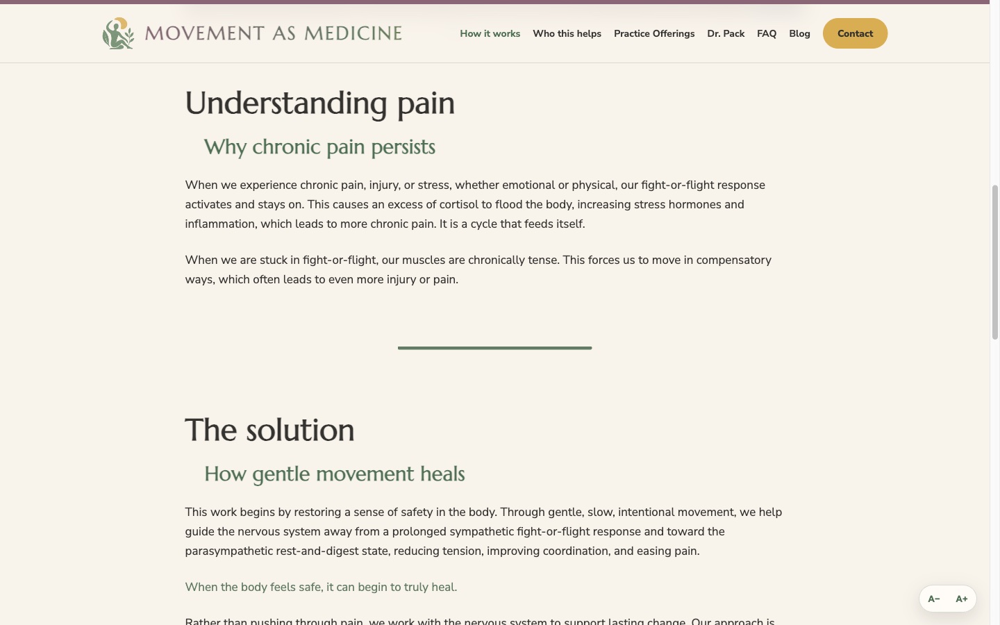 Movement As Medicine approach page showing calming typography, spacing, and a subtle color transition