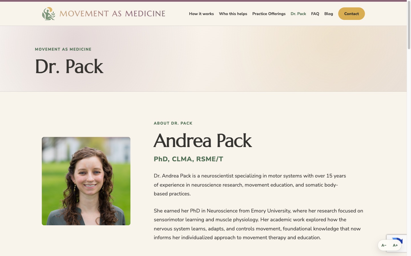 Dr. Andrea Pack biography and credentials page on the Movement As Medicine website